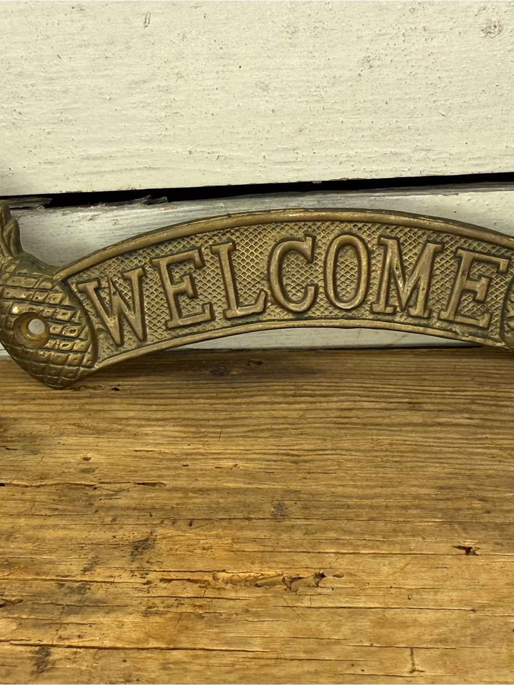 Vintage WELCOME Brass Plate Door Entry Plaque Sign Pineapple Detail Decor 5”